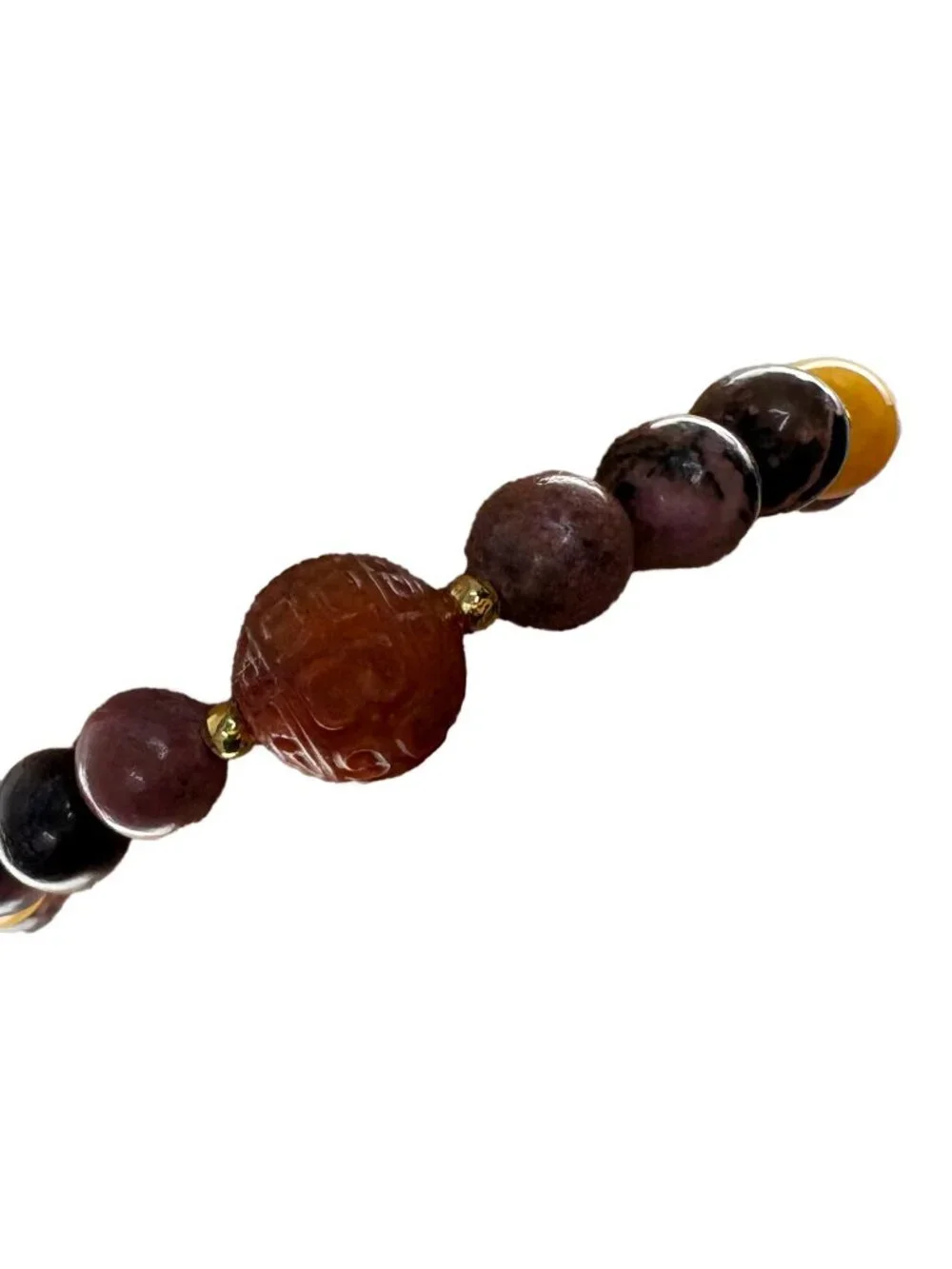 Carved Red Agate Rhodonite Yellow Jade Stretch Bracelet 18K Gold Filled 22.4g 7